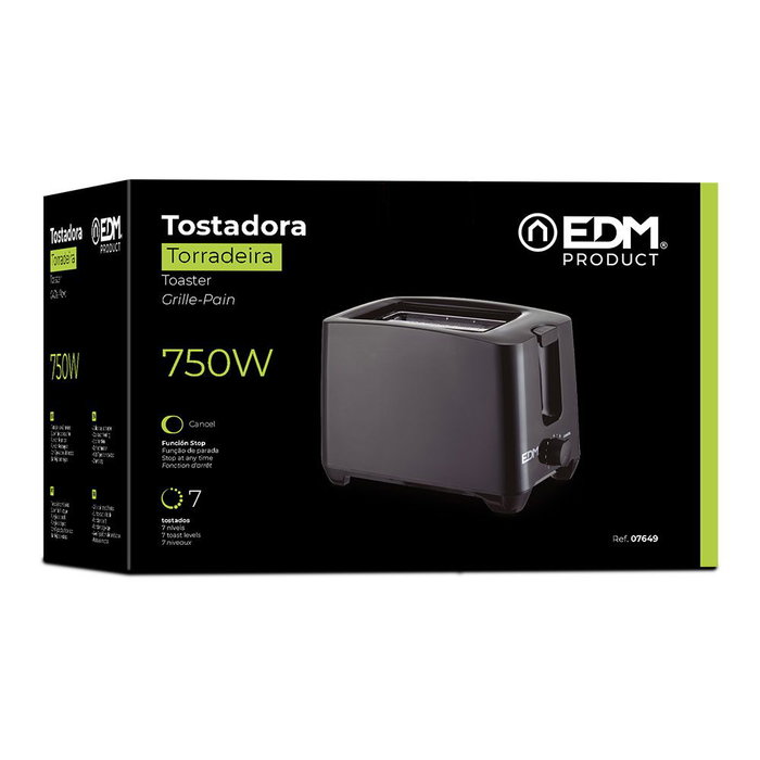 Edm Tostadora Doble Ranura Black Design 750W con Función Descongelar y 7 Posiciones de Tostado Edm Tostadora Doble Ranura Black Design 750W con Función Descongelar y 7 Posiciones de Tostado