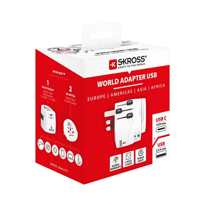 Skross 1302472 Set de 2 Adaptadores de Viaje Mundial con USB Tipo-C y Tipo-A, Entrada UE, Salida UK/USA/Australia/China, 7A Max