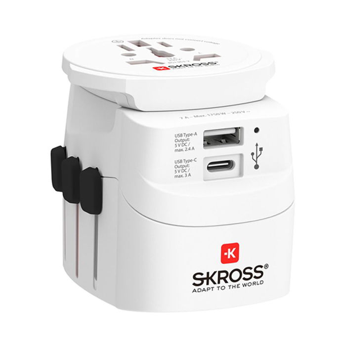 Skross 1302472 Set de 2 Adaptadores de Viaje Mundial con USB Tipo-C y Tipo-A, Entrada UE, Salida UK/USA/Australia/China, 7A Max