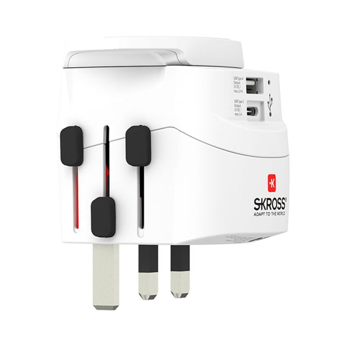 Skross 1302472 Set de 2 Adaptadores de Viaje Mundial con USB Tipo-C y Tipo-A, Entrada UE, Salida UK/USA/Australia/China, 7A Max