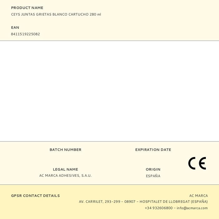 Ceys 505602 Masilla Acrílica para Juntas y Grietas, Blanco, Cartucho 280 ml, Interior Ceys 505602 Masilla Acrílica para Juntas y Grietas, Blanco, Cartucho 280 ml, Interior