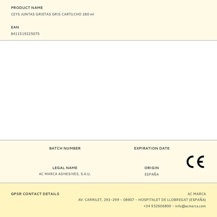 Ceys Masilla Acrílica Gris Cartucho 280 ml para Juntas y Grietas Interior - Referencia 505601