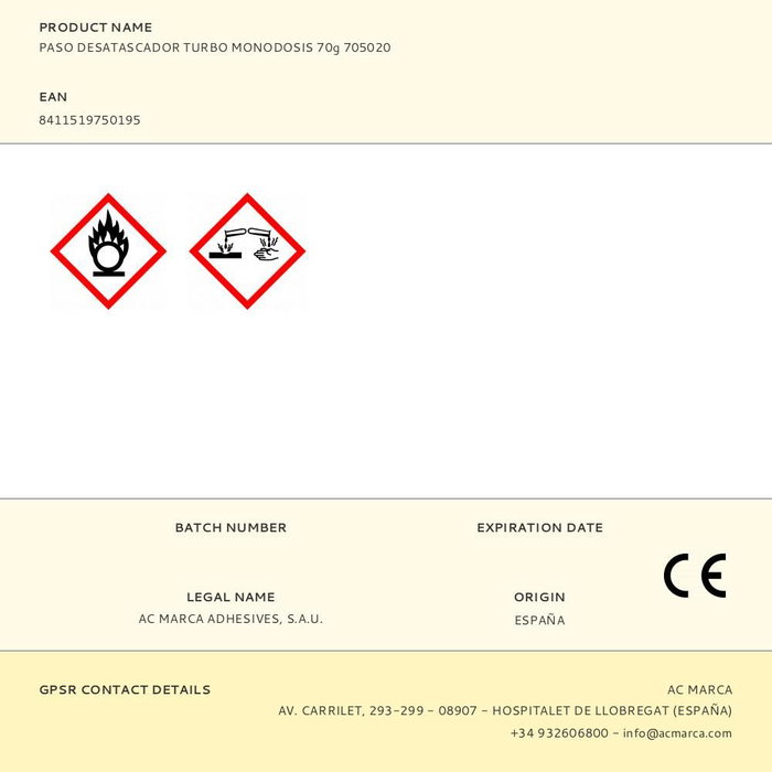Paso Desatascador Turbo Monodosis 705020 Gel Súper Denso Sosa Cáustica Sin Ácido Sulfúrico 6 Unidades 70g