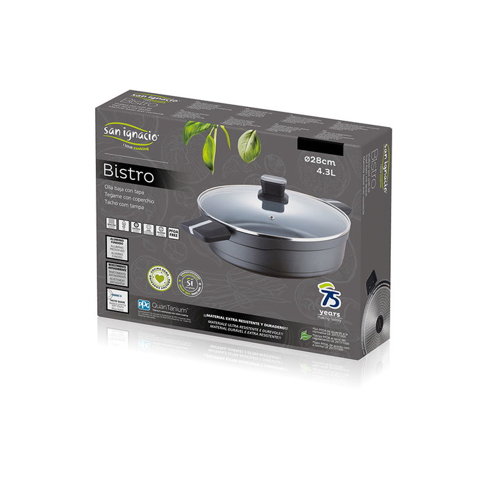 San Ignacio SG-6427 Olla Baja de Aluminio Fundido Inducción con Tapa Bistro Grey Ø28 x 8 cm Negra Mate