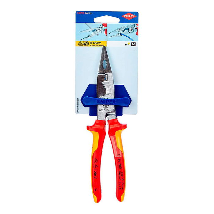 Knipex Alicates para Instalaciones Eléctricas 200 mm, Cromado, 6 Funciones (Cortar, Pelar, Crimpar), Certificación VDE 1000V, Mangos Aislados Rojo/Amarillo
