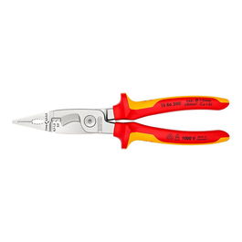 Knipex Alicates para Instalaciones Eléctricas 200 mm, Cromado, 6 Funciones (Cortar, Pelar, Crimpar), Certificación VDE 1000V, Mangos Aislados Rojo/Amarillo