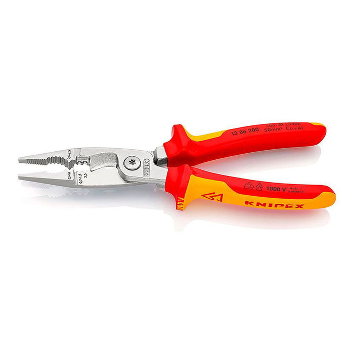 Knipex Alicates para Instalaciones Eléctricas 200 mm, Cromado, 6 Funciones (Cortar, Pelar, Crimpar), Certificación VDE 1000V, Mangos Aislados Rojo/Amarillo