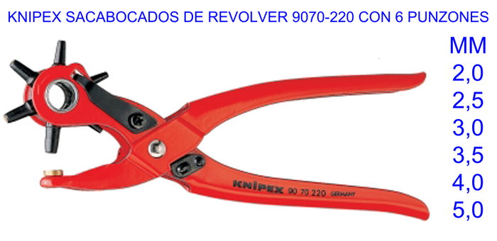 Knipex Tenazas sacabocados de revólver 9070-220 con 6 punzones