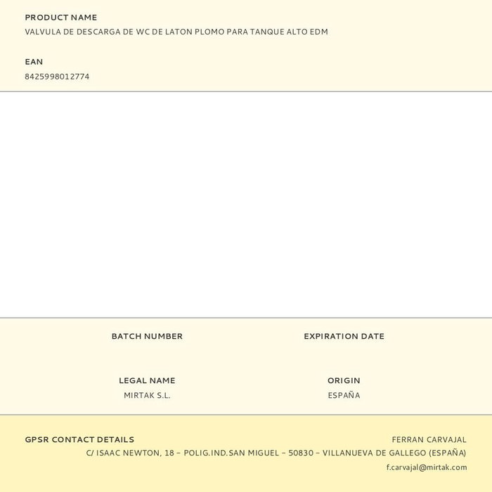 Edm Válvula de Descarga de Latón para Tanque Alto, Accesorios de Cisterna, 25 cm Edm Válvula de Descarga de Latón para Tanque Alto, Accesorios de Cisterna, 25 cm