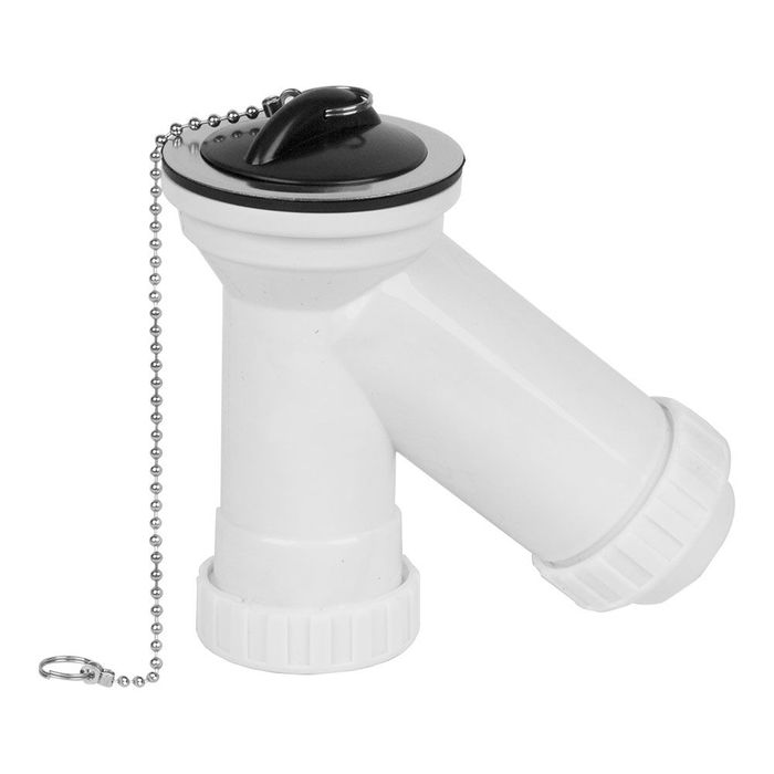 Mirtak Sifón "y" 1" 1/2" Completo con Tapón y Cadena, Salida Vertical, Plástico PVC Blanco