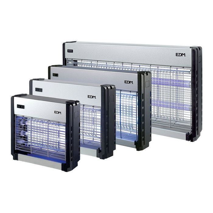 EDM Mata Insectos Profesional Eléctrico con Luz Actínica, 2 Tubos de 6W, Área de Cobertura 30 m², Color Cromo/Negro, 220-240V, Dimensiones 25.5 x 9 x 26 cm
