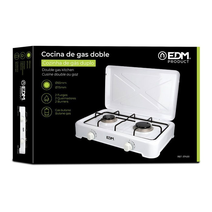Edm Cocina de gas 2 fuegos esmaltada para gas butano en exteriores blanca 48x33x8cm