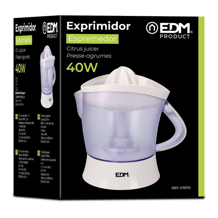 EDM Exprimidor Eléctrico 1.2 Litros 40W, Blanco, con Conos para Frutas, Función Anti-Goteo, Cuerpo de Polipropileno, 220-240V EDM Exprimidor Eléctrico 1.2 Litros 40W, Blanco, con Conos para Frutas, Función Anti-Goteo, Cuerpo de Polipropileno, 220-240V