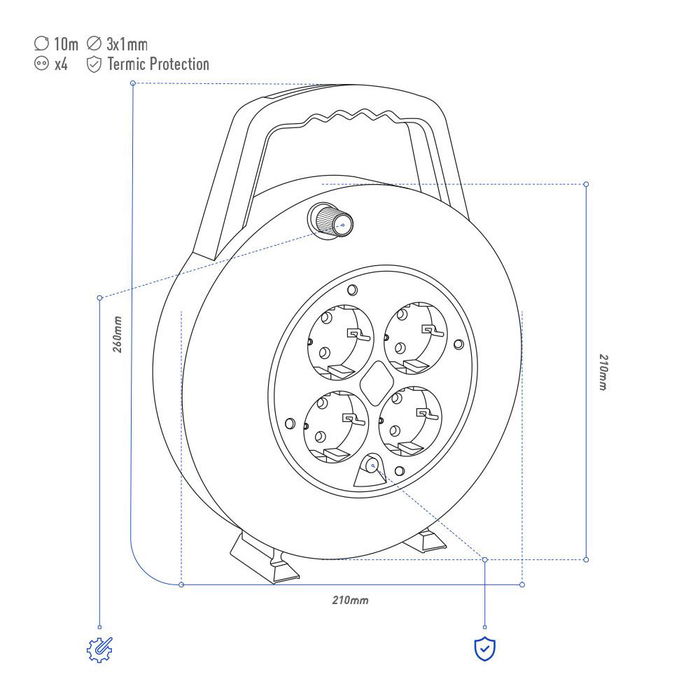 Edm Enrollacables 10m 3G 1,00mm² 4 Tomas T/TL con Protector Térmico