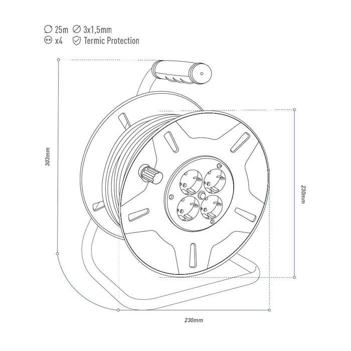 Edm Enrollacables 25 m 3G 1,5 mm² 4 Tomas con Protector Térmico Edm Enrollacables 25 m 3G 1,5 mm² 4 Tomas con Protector Térmico