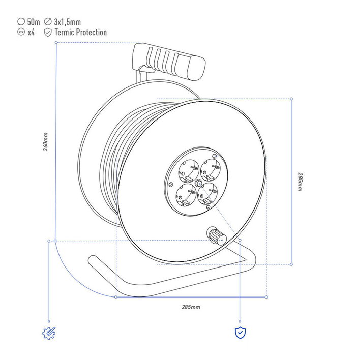 Edm Enrollacables 50 m 3x1,5 mm² con 4 tomas Schuko y protector térmico