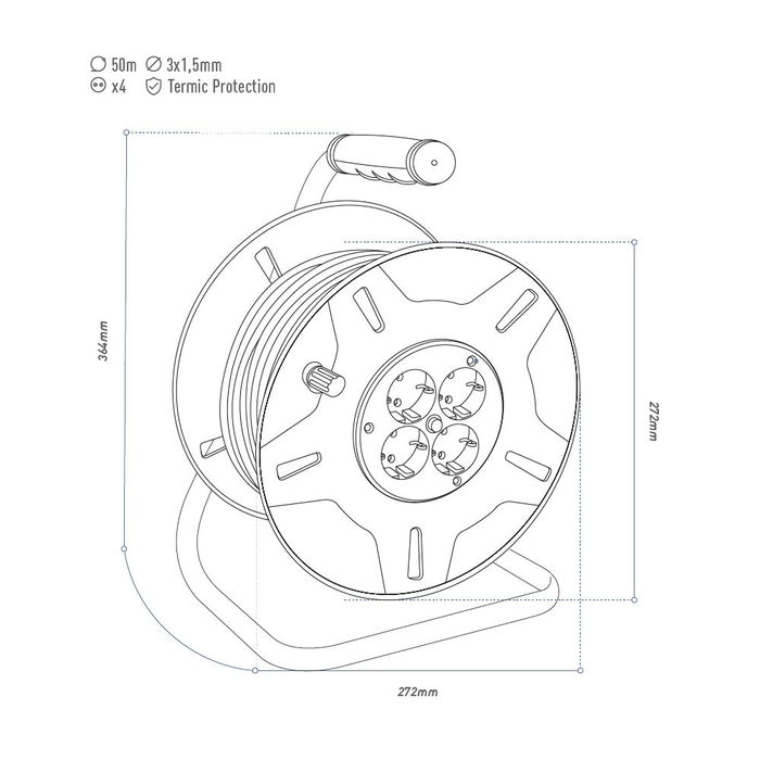 Edm Enrollacables 50 m 3G 1,5 mm² 4 Tomas Bipolares con Protector Térmico Edm Enrollacables 50 m 3G 1,5 mm² 4 Tomas Bipolares con Protector Térmico