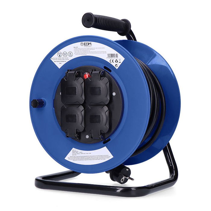 Edm Enrollacables 25m 3x2,5mm² 4 Tomas T/TL con Protector Térmico 3000W 230V Profesional Edm Enrollacables 25m 3x2,5mm² 4 Tomas T/TL con Protector Térmico 3000W 230V Profesional