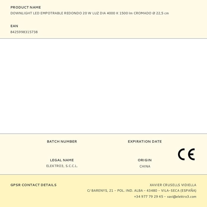 Edm Downlight LED Empotrable Redondo 20W Luz Día 4000K 1500 Lm Cromado Ø 22,5 cm Edm Downlight LED Empotrable Redondo 20W Luz Día 4000K 1500 Lm Cromado Ø 22,5 cm