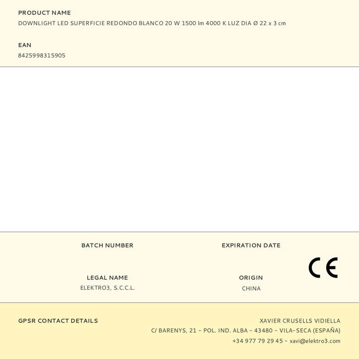 Edm Downlight LED Redondo para Instalación en Superficie, Blanco, 20 W (1500 lm), Luz Día 4000 K, Ángulo 160°, IP20, Ø 22 x 3 cm