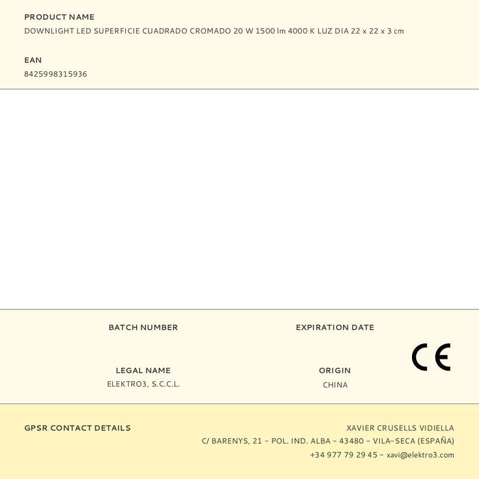 Edm Downlight LED Superficie Cuadrado Cromado 20W 1500lm 4000K Luz Día 22x22x3.5cm