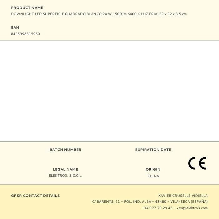 Edm Downlight Led Superficie Cuadrado Blanco 20W 1500lm 6400K Luz Fría 22x22x3.5cm