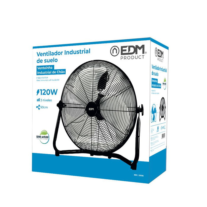EDM Ventilador Industrial de Suelo Negro, 120W, Aspas Ø50x58 cm, Caudal 6660 m³/h, 3 Velocidades