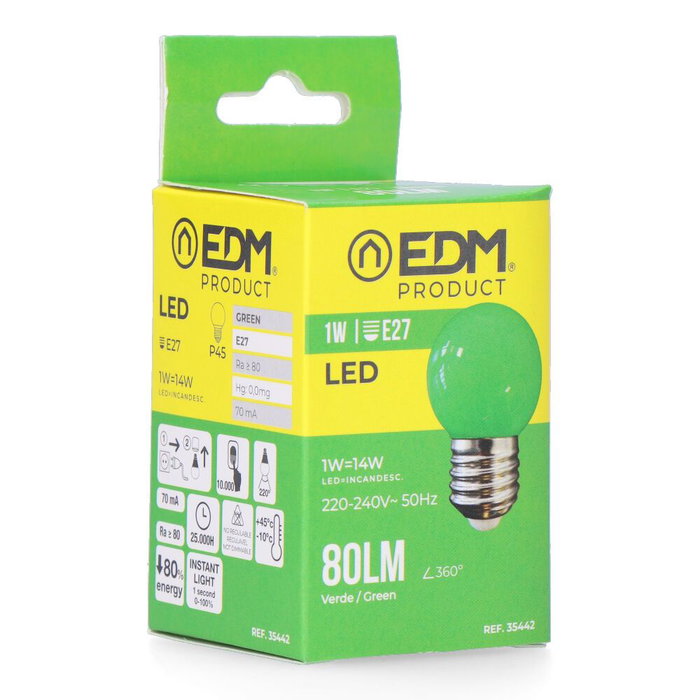 Edm Bombilla Esferica LED E27 1W 80lm Luz Verde Ø45 x 69 mm Edm Bombilla Esferica LED E27 1W 80lm Luz Verde Ø45 x 69 mm