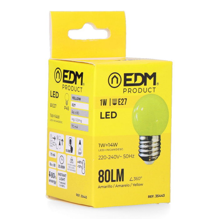 Edm Bombilla Esférica LED E27 1W 80lm Luz Amarilla Ø45 x 69mm 25000h Clase F 220-240V