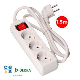 Edm Base Múltiple 3 Tomas Schuko con Interruptor Luminoso, 16A 250V~, Cable 1,5m H05VV-F 3G1,5MM2 Blanca