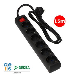 Edm Base Múltiple 6 Tomas 2p+t con Interruptor Luminoso, Cable 1,5 m, Negra