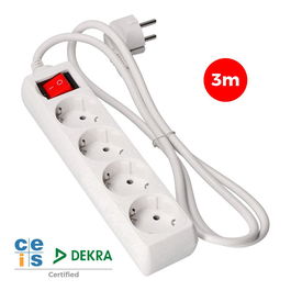 Edm Base Múltiple 4 Tomas Schuko 2P+T con Interruptor Luminoso, Cable 3 Metros H05VV-F 3G1,5 mm², Blanca