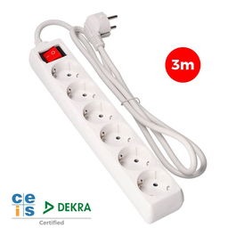Edm Base Múltiple 6 Tomas 2p+t con Interruptor Luminoso, Cable 3m H05VV-F 3G1,5 mm², Blanca