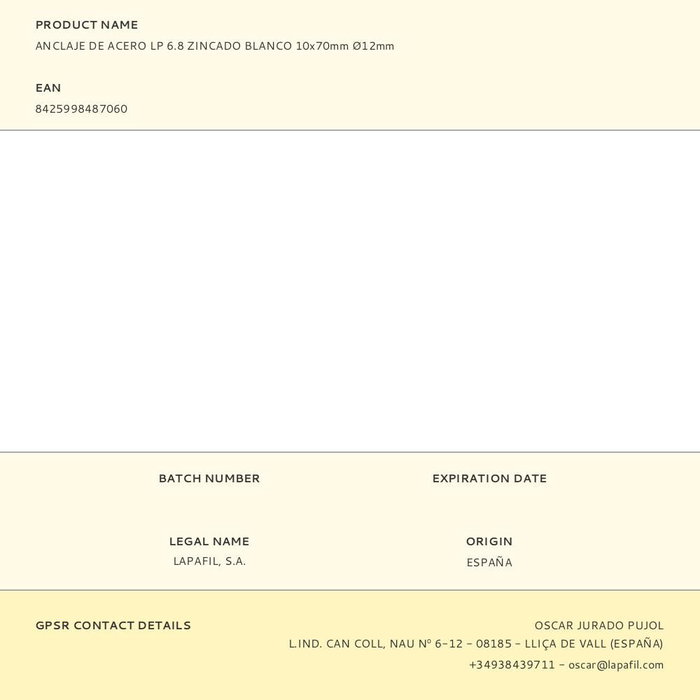 Lapafil Anclaje LP 6.8 Acero Zincado Blanco 10 x 70 mm, Ø12 mm