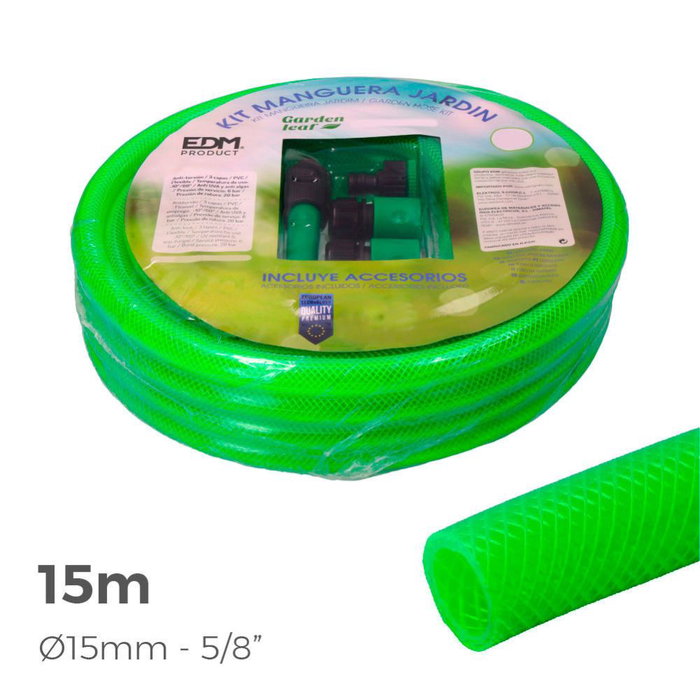 Edm Kit Manguera de Jardín Estándar Ø15 mm (5/8") 15 m Verde Fluor PVC 3 Capas Anti-algas
