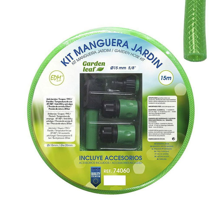 Edm Kit manguera de jardín estándar 15 m, 15 mm, verde fluorescente