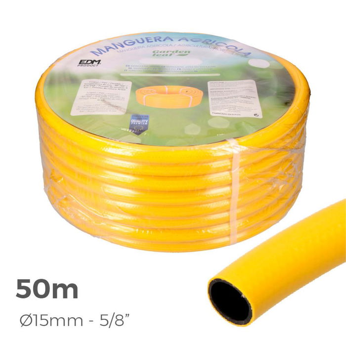Edm Manguera Agrícola ø15 mm 5/8" Amarillo 50 m PVC Flexible Anti-torsión Anti-UV Anti-Algas 25 Bar