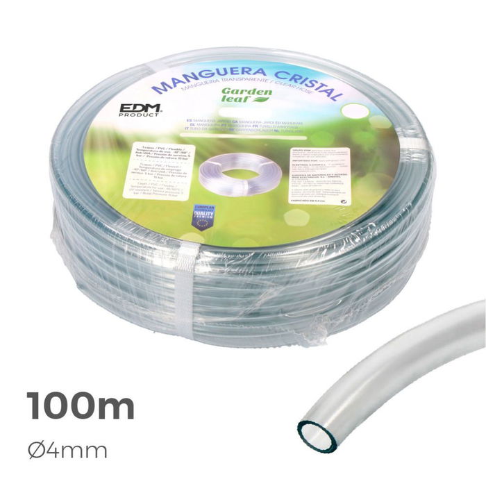 Edm Manguera Cristal PVC Transparente Flexible 100 m (4 mm) Resistente UV