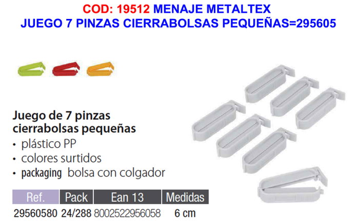 Metaltex Pinzas cierrabolsas pequeñas 6 cm, Verde, 7 uds