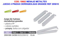 Metaltex Juego de 4 Pinzas Cierrabolsas Grandes 10 cm