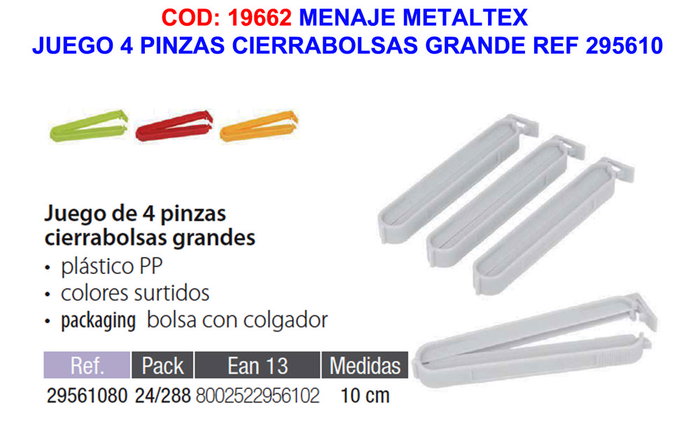 Metaltex Juego de 4 Pinzas Cierrabolsas Grandes 10 cm Metaltex Juego de 4 Pinzas Cierrabolsas Grandes 10 cm