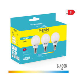 Edm Bombillas Esféricas LED E14 5W 400lm 6400K Luz Fría Ø4,5 x 8 cm Kit 3 Unidades