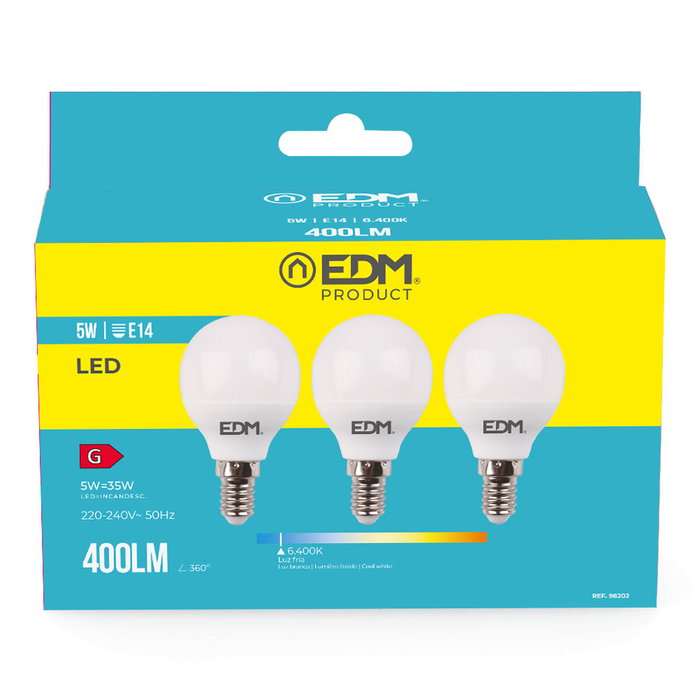 Edm Kit de 3 bombillas esféricas LED E14 5W 400lm 6400K luz fría