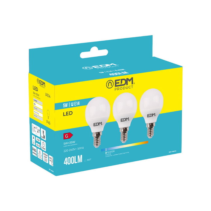 Edm Kit de 3 bombillas esféricas LED E14 5W 400lm 6400K luz fría