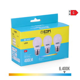 Edm Bombillas Esfericas LED E27 5W 400lm 6400K Luz Fria Ø4,5 x 8 cm Kit 3 Unidades