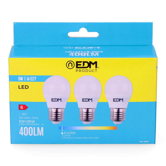 Edm Bombillas Esfericas LED E27 5W 400lm 6400K Luz Fria Ø4,5 x 8 cm Kit 3 Unidades