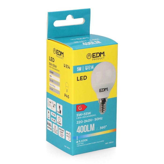 Edm Bombilla Esférica LED E14 5W 400lm 6400K Luz Fría Ø4,5 x 8 cm