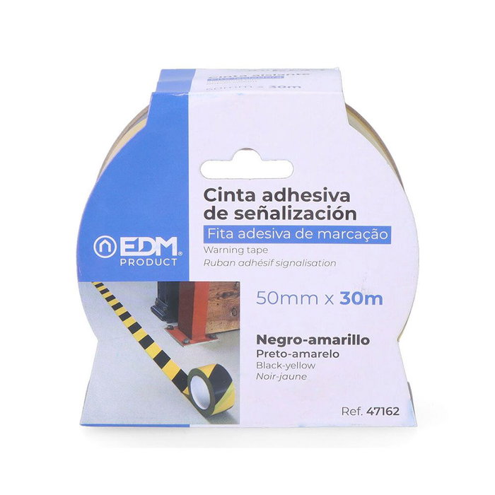 Edm Cinta Adhesiva de Señalización PVC Amarillo-Negra 50 mm x 30 m Resistente a la Intemperie