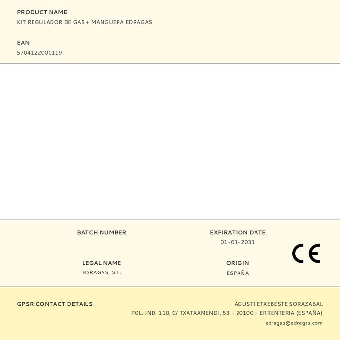 EDRAGAS Kit Regulador de Gas GLP + Manguera Ref 74188 - Regulador Doméstico para Butano/Propano, 1.5m Manguera y 2 Abrazaderas
