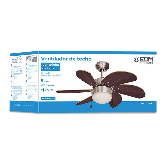 Edm Ventilador de Techo Aral Wengue/Níquel Satinado Ø76cm 50W 3 Velocidades